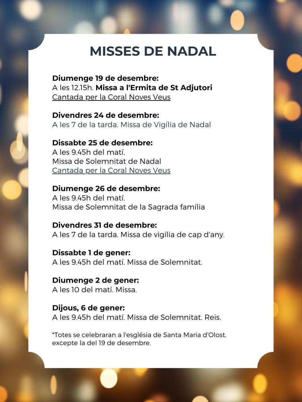 Calendari de misses programades del 19 de desembre al 6 de gener